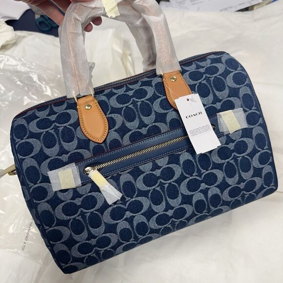 NWT Coach Rowan Large Satchel Bag in Signature Denim Canvas Cherry Charm CY699 - Picture 2 of 14